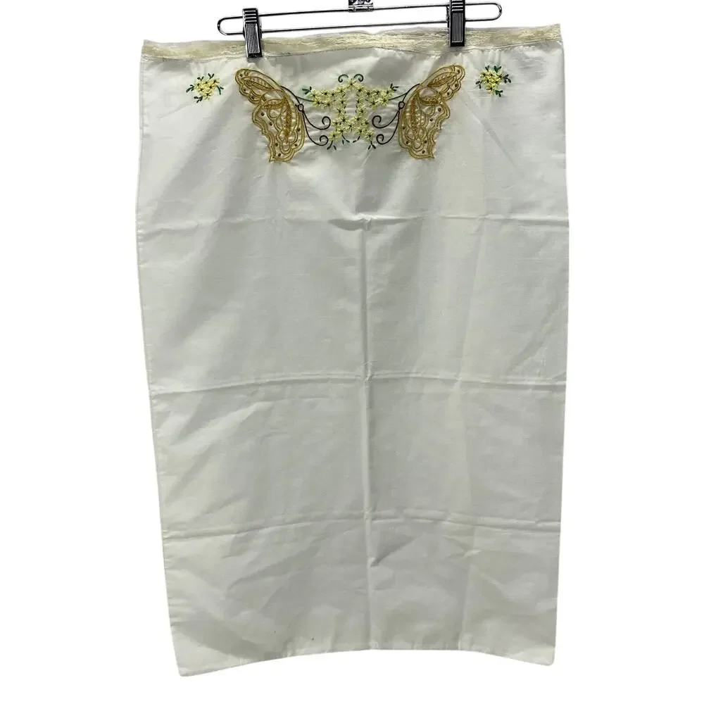 Embroidered Butterfly Pillowcase Standard Size Hand Done Lace Hem Vintage